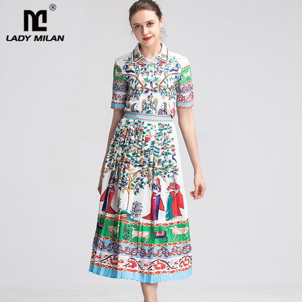 

women's runway twinsets turn down collar short sleeves printed shirts with pleated floral skirts elegant two piece dresses sets, White