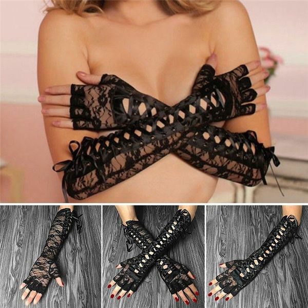 

ho-kloss lace strap gloves long paragraph temptation ribbon rivet half finger ceremonial glove nightclub clothes decoration, Blue;gray