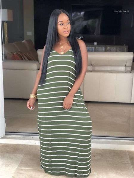 

strap striped dresses v neck sleeveless loose fashion maxi clothing floor length asymmetrical female casual apparel womens summer designer, Black;gray