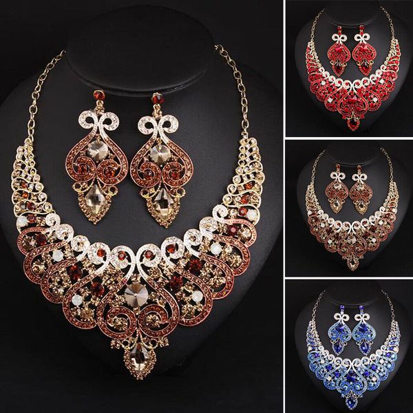 

vintage crystal jewelry set women statement necklace earrings choker bohemian bridal wedding party jewellery fashion new, Silver