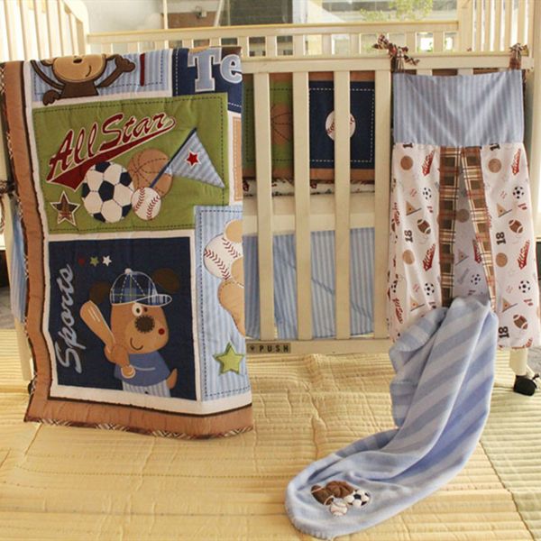 

9pcs baby bedding set embroidery bear baseball crib bedding cot set quilt bumper skirt mattress cover urine bag blanket