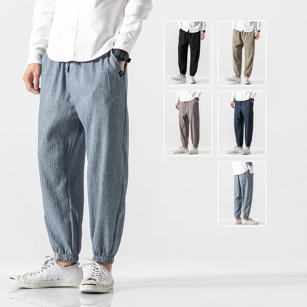 

men chinese style casual pants trousers male traditional harajuku style loose and breathable men solid color ankle-length pants, Black