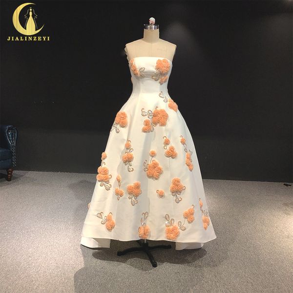 

rhine real pictures strapless pink flowers and beads front short and long back prom dresses arabic evening dresses long, White;black