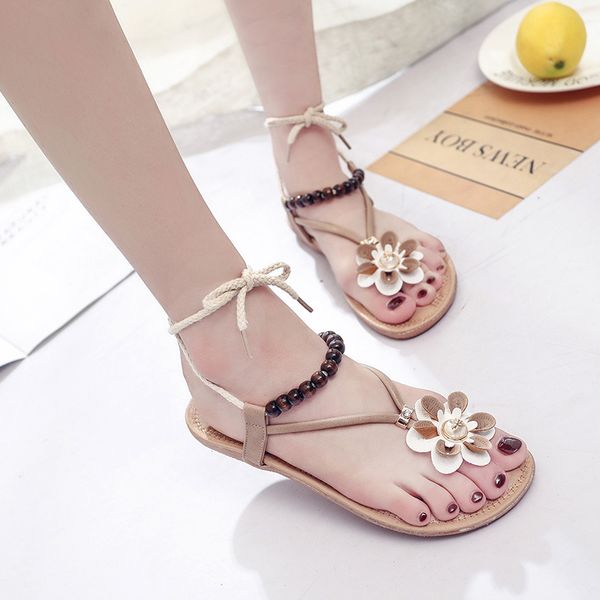 

sandalias mujer 2019 new fashion bohemian style bead ed flowers decorative flat sandals casual travel beach shoes woman sandals, Black