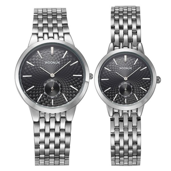 

woonun branded couple watches for men and women stainless steel quartz ultra thin watches luxury watch set gift, Slivery;brown