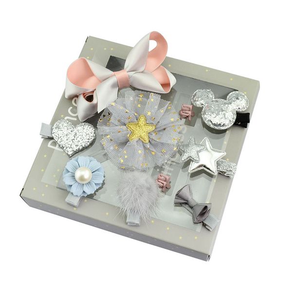 

headwear kids ribbon bow hair clip hairpins heart star fur ball flower rabbit ears princess crown without box, Slivery;white