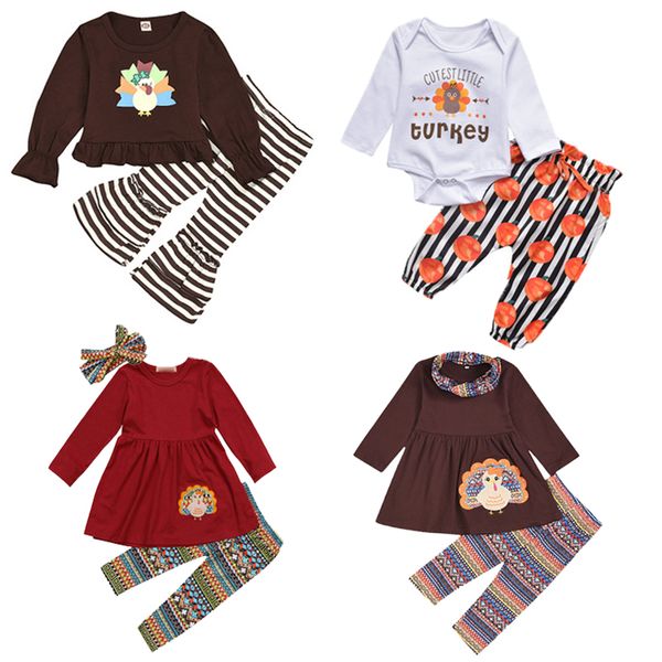 

kids girls thanksgiving clothing sets 15 colors long sleeve cotton cartoon turkey star printed suit kids designer clothes boys outsuits 04, White