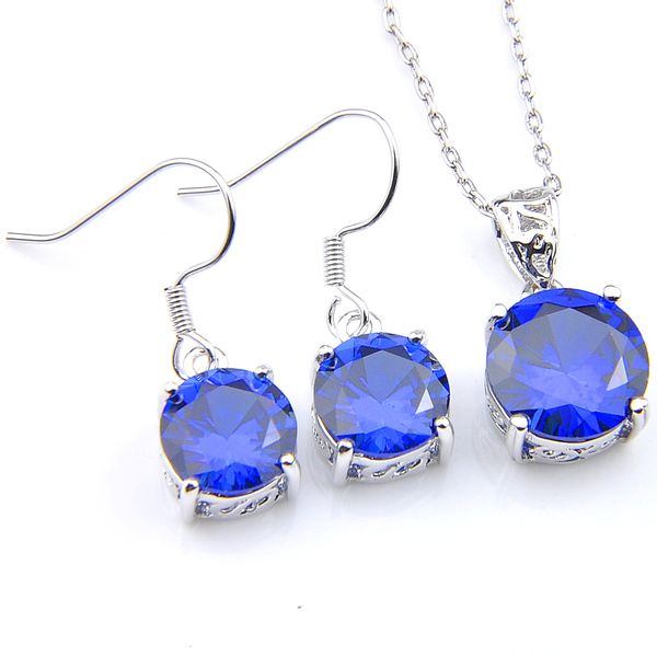 Luckyshine dom noiva Sets Earrigns Pingentes Rodada suíço Topázio Azul Gemstone 925 colares de prata esterlina Mulheres Conjunto de Jóias