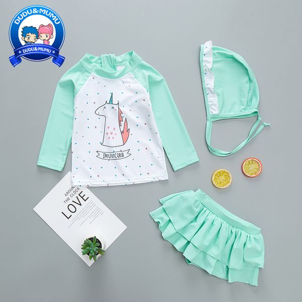 

2020 children's swimsuit baby green white long sleeve unicorn beach-wear 3 pieces split swimwear washing clothes for water spas