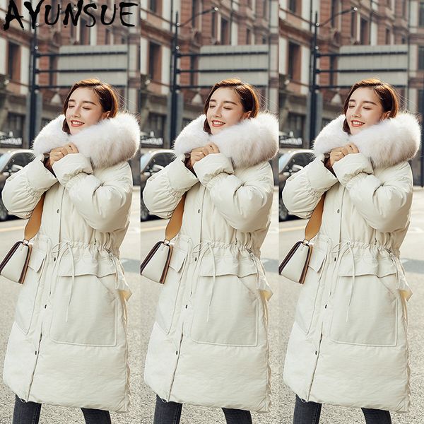 

women's down & parkas ayunsue winter white duck jacket women hooded raccoon fur collar korean long coat warm jackets for 18081 kj2903, Black