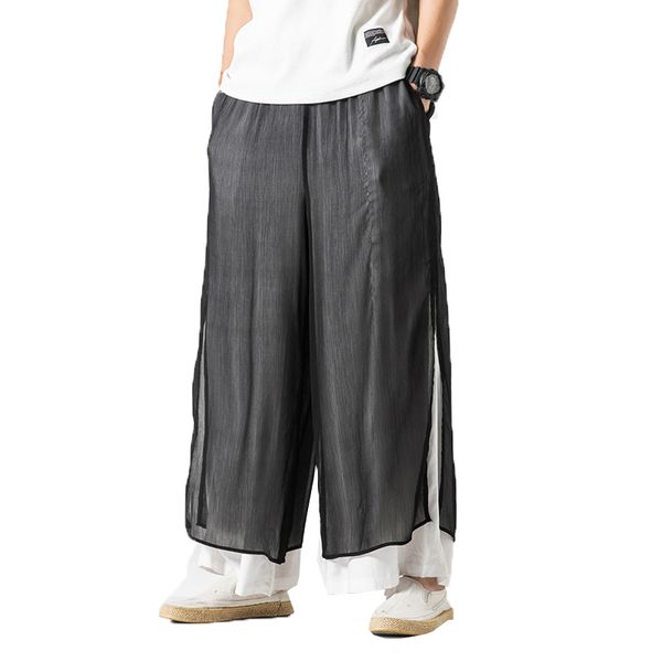

2019 men cotton linen wide leg pants mens spliced trousers male hip hop joggers harem pants baggy bottom slacks pantalon hombre, Black