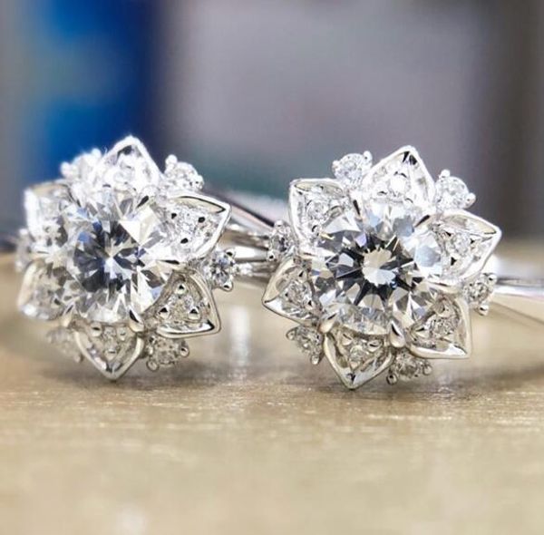 Großhandel für Damen, Blumen-Imitation, Modeschmuck, Eheringe aus Sterlingsilber für Frauen mit CZ-Diamant-Verlobungsring