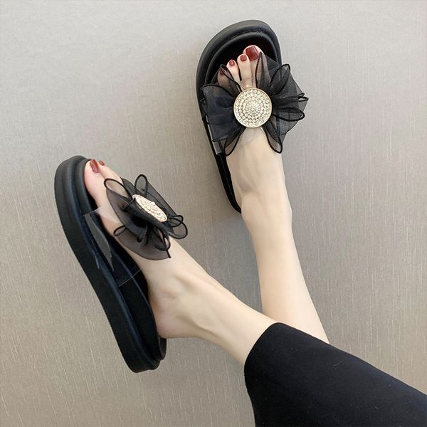 

butterfly-knot house slippers platform female shoes slides shose women low 2020 soft summer flat basic fashion, Black