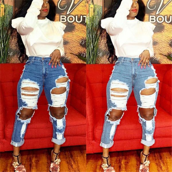 

women's jeans high waist ripped fashion slim trousers straight tassels casual, Blue