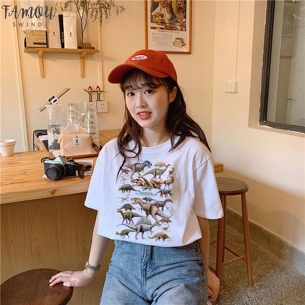 

summer casual letter dinosaur cartoon letter print fun loose short sleeve female harajuku tees vintage ulzzang t shirt, White