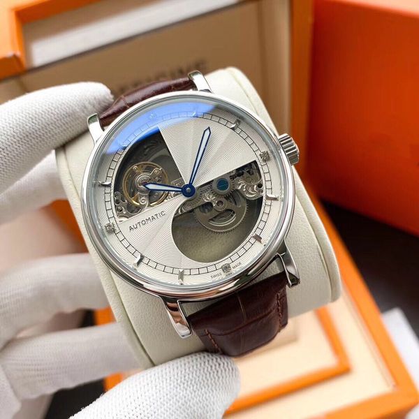 

super watches 061 montre de luxe 43mm*13mm 316 fine steel case imported calfskin strap mechanical watches, Slivery;brown