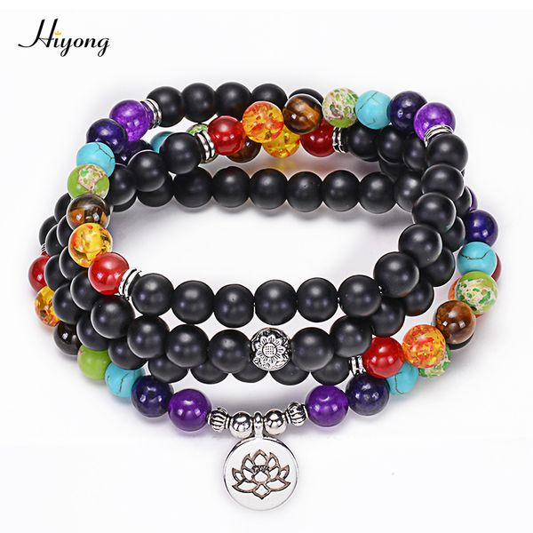 

108 beads multilayer mala bracelet for women men 8mm black matte stone with lotus om buddha life tree charm bracelet or necklace