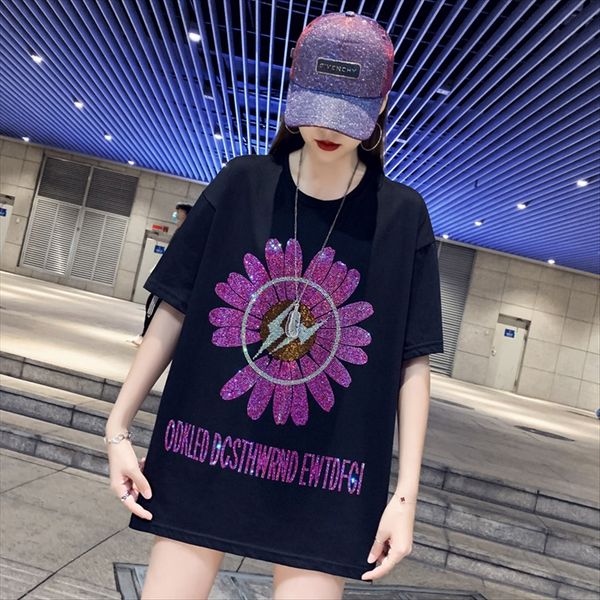 

fashionable little daisy t-shirt women's short sleeve ins ultra-fire t-shirt loose medium and long heavy industry european style large, White