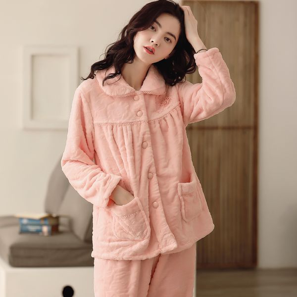 

new coral fleece women pajamas set winter pyjamas long sleeve casual soft female fannel homewear clothing pijamas 3xl, Black;red
