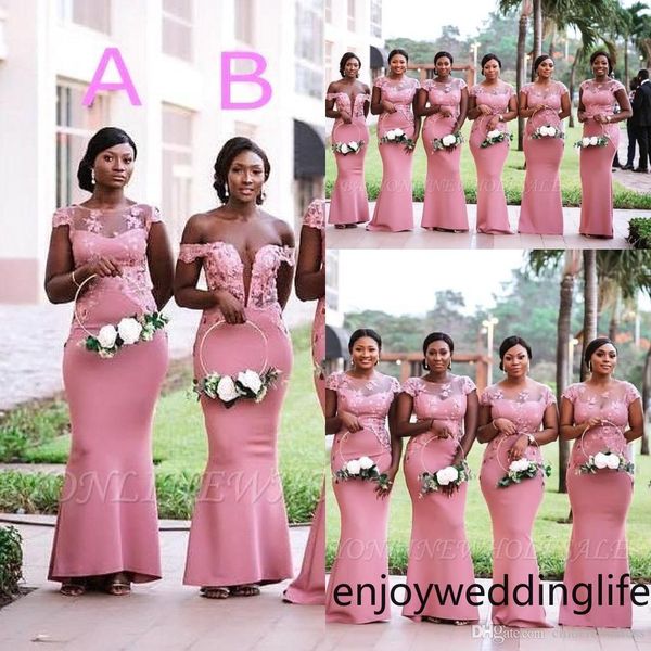 

south african nigerian girls pink mermaid bridesmaids dresses 2020 plus size sheer neck appliques floor length maid of honor gowns bm0614, White;pink