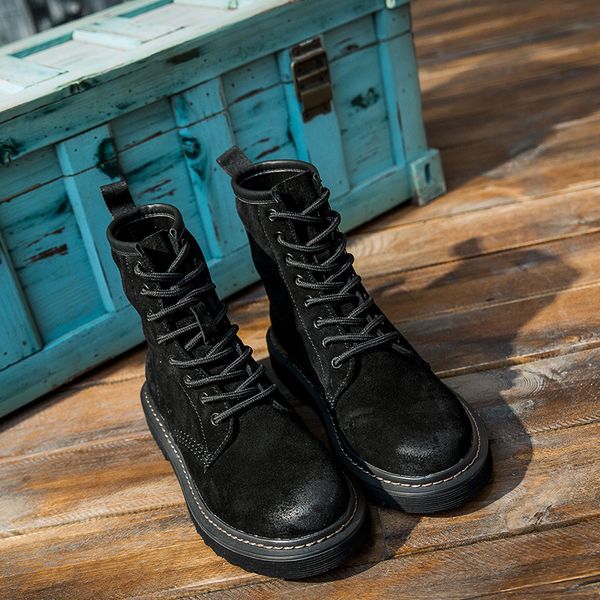 

autumn and winter flat low-heeled england martin boots female leather tube frosted leather short boots motorcycle boots with box, Black
