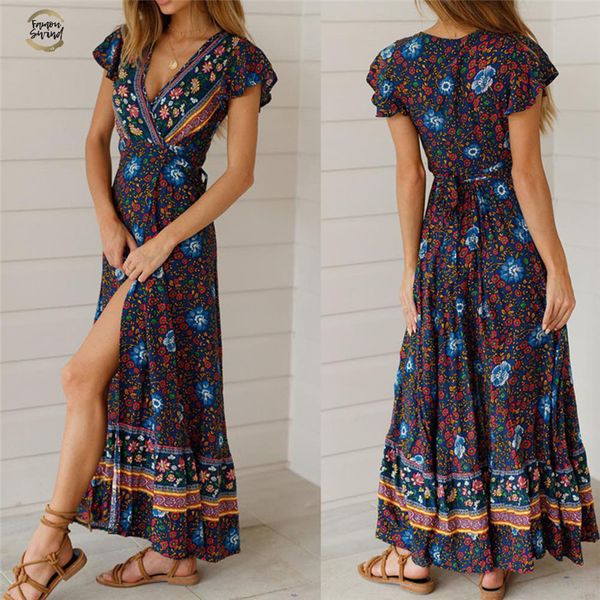 

new fashion women summer floral dress boho long maxi holiday party dress v neck female chic loose sundress, Black;gray
