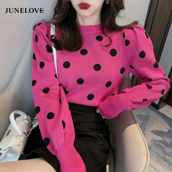 

junelove long puff sleeve loose knitwear casual female pullover sweater vintage polka dot print autumn winter knitted jumper, White;black