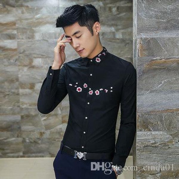 

spring fall mens fashion shirts turn-down collar flower embroidery design long sleeve casual shirt clothing, White;black