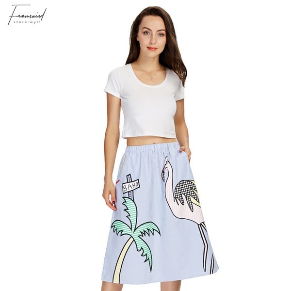 

skirts for women sweet coconut tree print striped skirts faldas elastic waist pockets ladies fashion streetwear mid calf skirt bsq552, Black