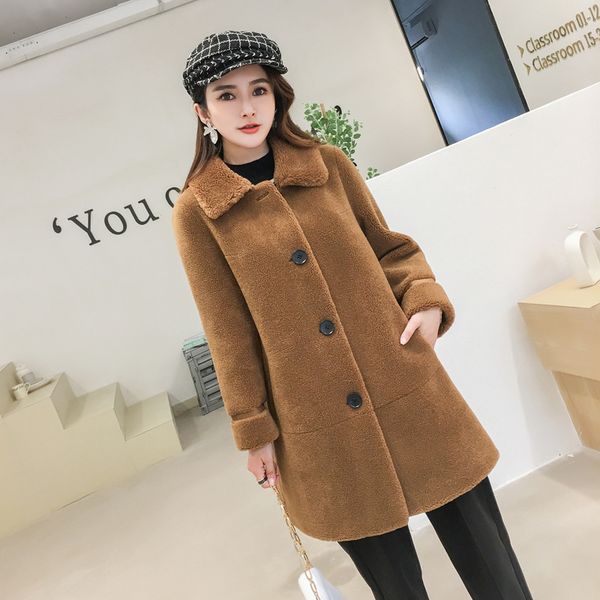 

the new sheep sheared long compound fur coat whom one coat of abb cloth with soft nap mother dress, Black