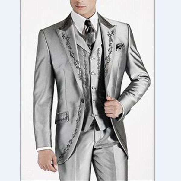 Stickerei Bräutigam Smoking Silber Grau Trauzeugen Herren Hochzeitskleid Spitze Revers Mann Jacke Blazer Mode 3 Stück Anzug (Jacke + Hose + Weste + Krawatte)81