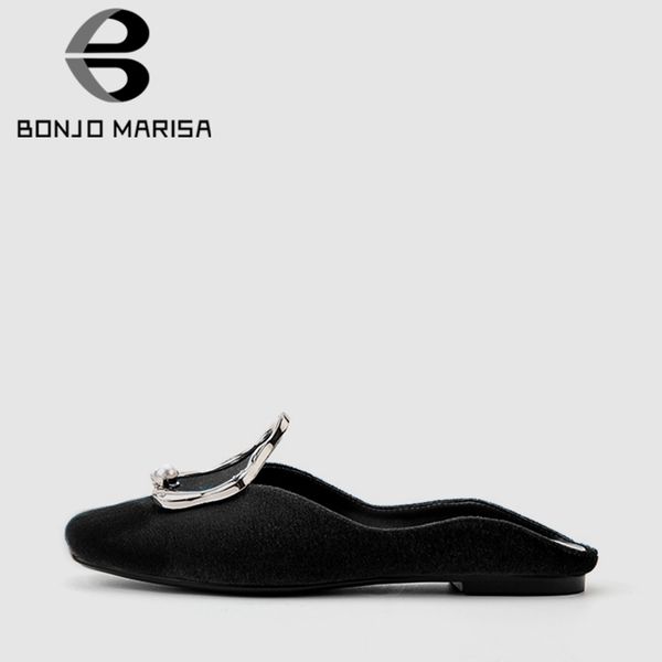 

bonjomarisa 2019 summer new brand elegant velvet slippers women fashion metal decorate mules low heels casual cute date footwear, Black