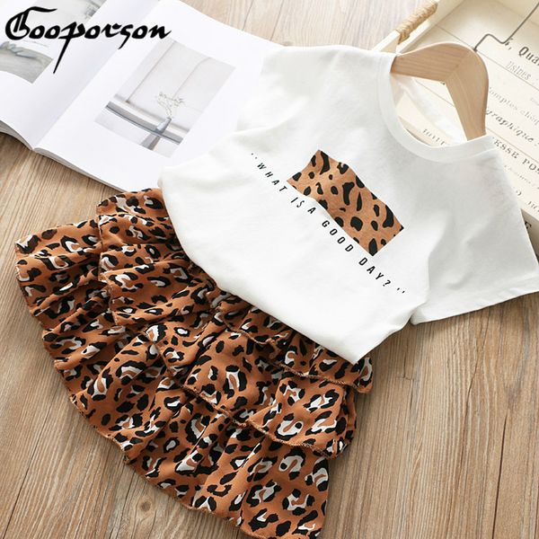 

fashion girls o-neck clothes 2020 summer white shirt + leopard cake skirt 2pcs sets kids basic casual cotton clothing suit