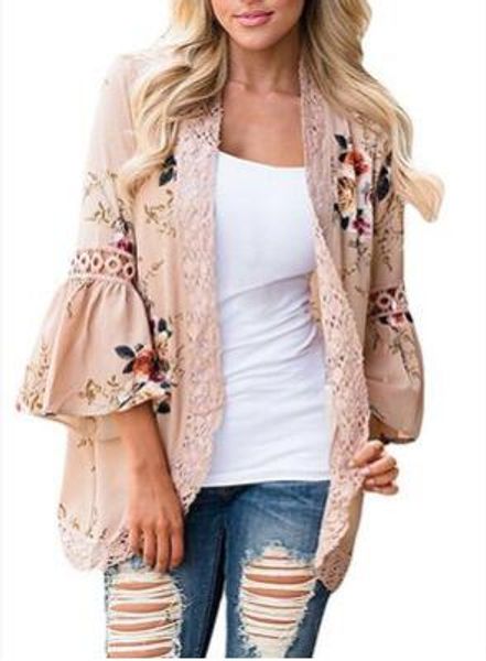 

fashion chiffon coat for women outwear flare sleeve crochet lace spring autumn casual print open stitch ladies dresses 7 colors s-2xl, Black;brown