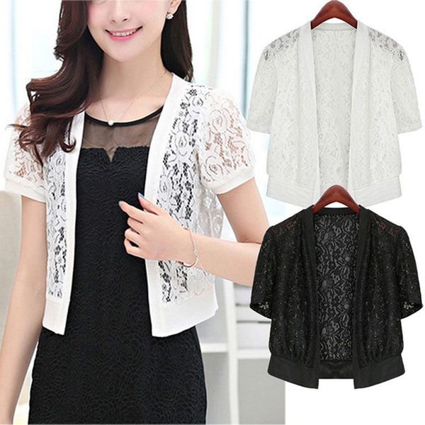 

women coat jackets thin short sleeve hollow out floral lace open front outerwear cardigan lady blusas plus size 5xl, Black;brown