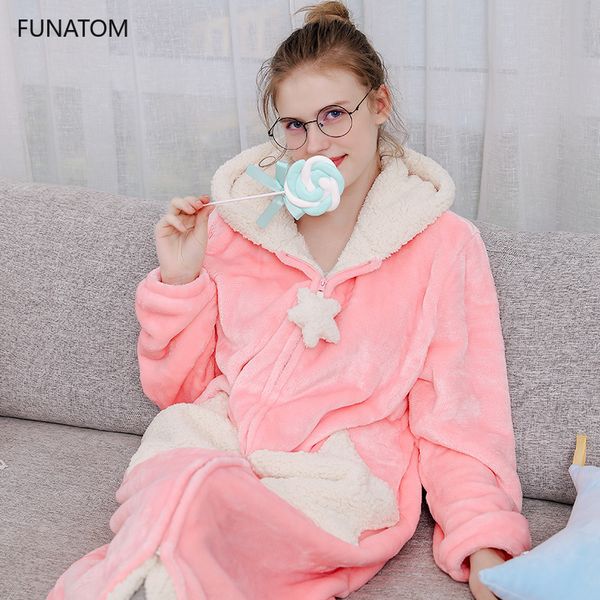 

women men winter plus size warm flannel bathrobe star moon extra long thick fleece bath robe hooded night dress gown sleepwear, Black;red