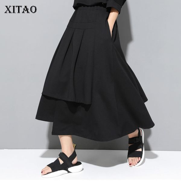 

xitao] new women korea fashion 2019 summer patchwork a-line skirt female pocket irregular casual mid-calf skirt zq1445, Black