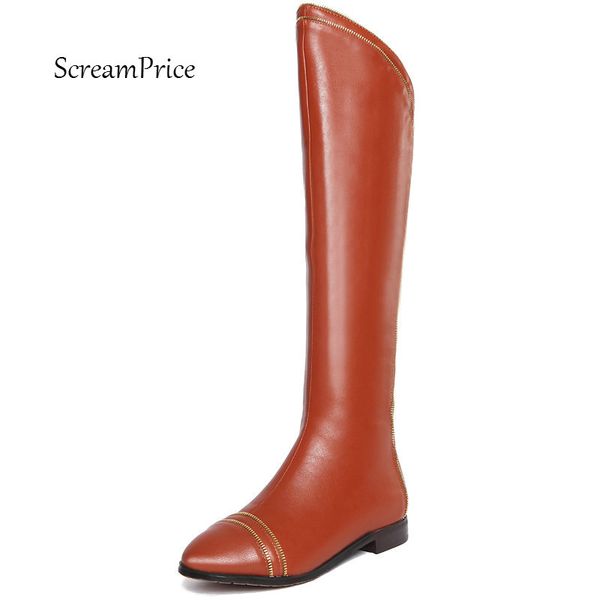 

female genuine leather comfort low heel knee high boots fashion round toe zipper keep warm winter women shoes black white orange