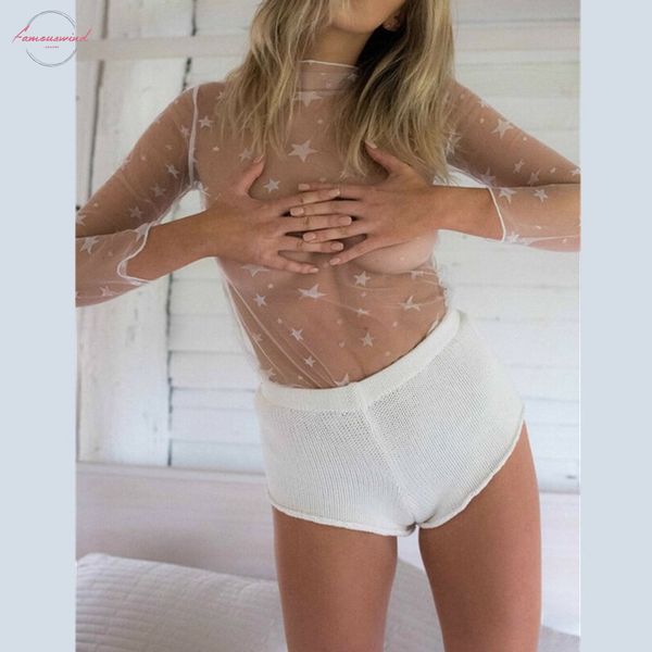 

women hollow out mesh white star perspective net t shirt long sleeve lace tee transparent slim t shirts s