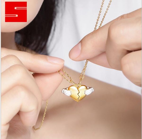 

pure silver heart broken time chain lovers love necklace, Golden;silver