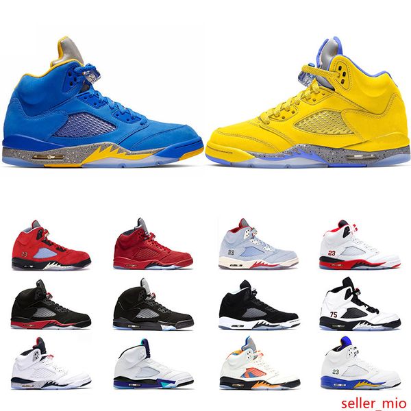 

new 5 men basketball shoes 5s bred fire red ice blue laney blue yellow trophy room mens trainer athletic sport sneaker drop shipping
