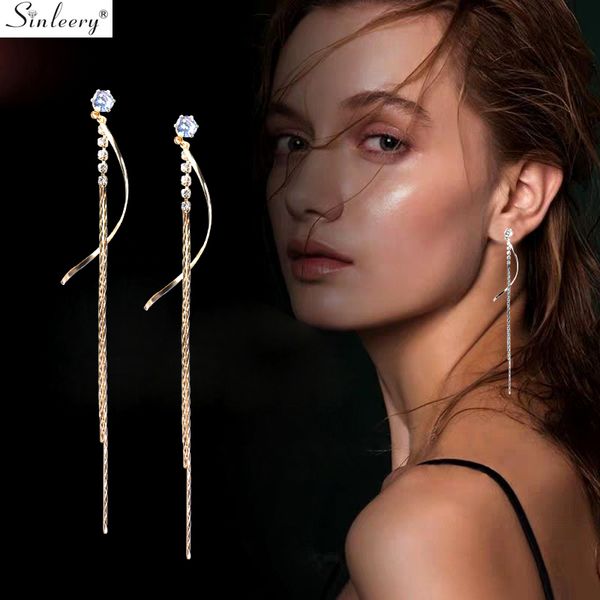 

sinleery long tassel drop earrings yellow gold silver color tiny zirconia dangle earrings for women fashion jewelry es749 ssd