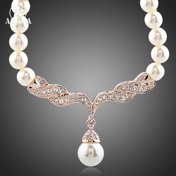 

azora fashion imitation pearl love rose gold color stellux austrian crystal jewelry necklace tn0097, Silver