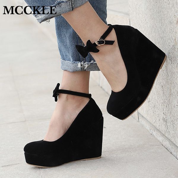 

mcckle women high heels shoes plus size platform wedges female pumps women's flock buckle bowtie ankle strap woman wedding shoes, Black