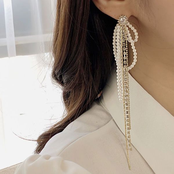 

2019 fashion design ear accessories tassel earrings jewelry simulated pearl temperament long chain earrings pendientes femme, Silver