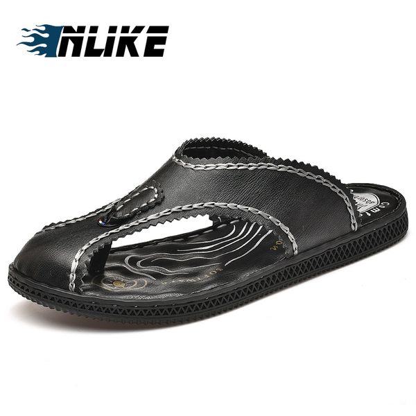 

men's flip flops genuine leather luxury slippers beach casual sandals, Black