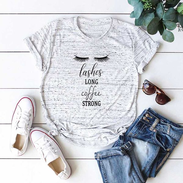 

lashes long coffee strong letter printed t-shirts women summer 2020 lash printing graphics tshirt o-neck t shirt, White