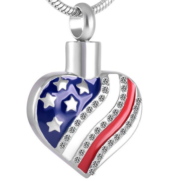 

h8729 the american national flag stainless steel crystal heart urn pendant cremation ashes necklace for women and men, Silver