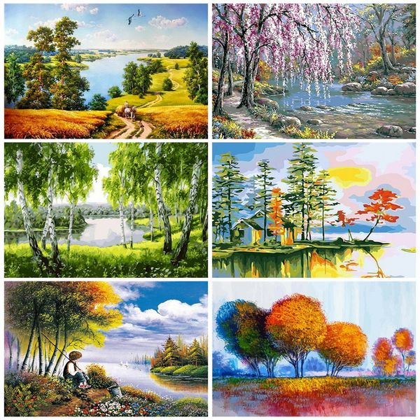

diy unframe oil painting by numbers landscape acrylic paint handpainted gift coloring by numbers kits tree home deocration diy picture