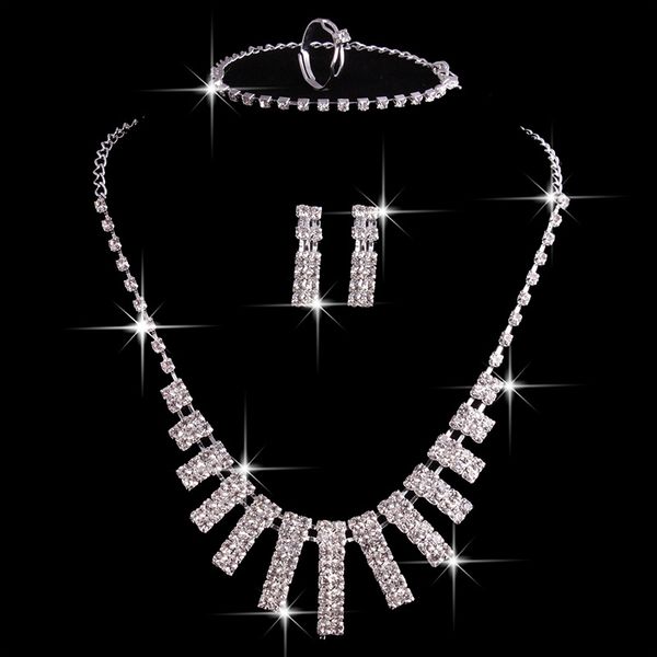 

fashion bohemian jewelry bridal jewelry set four-piece wedding matching crystal set for women, Silver